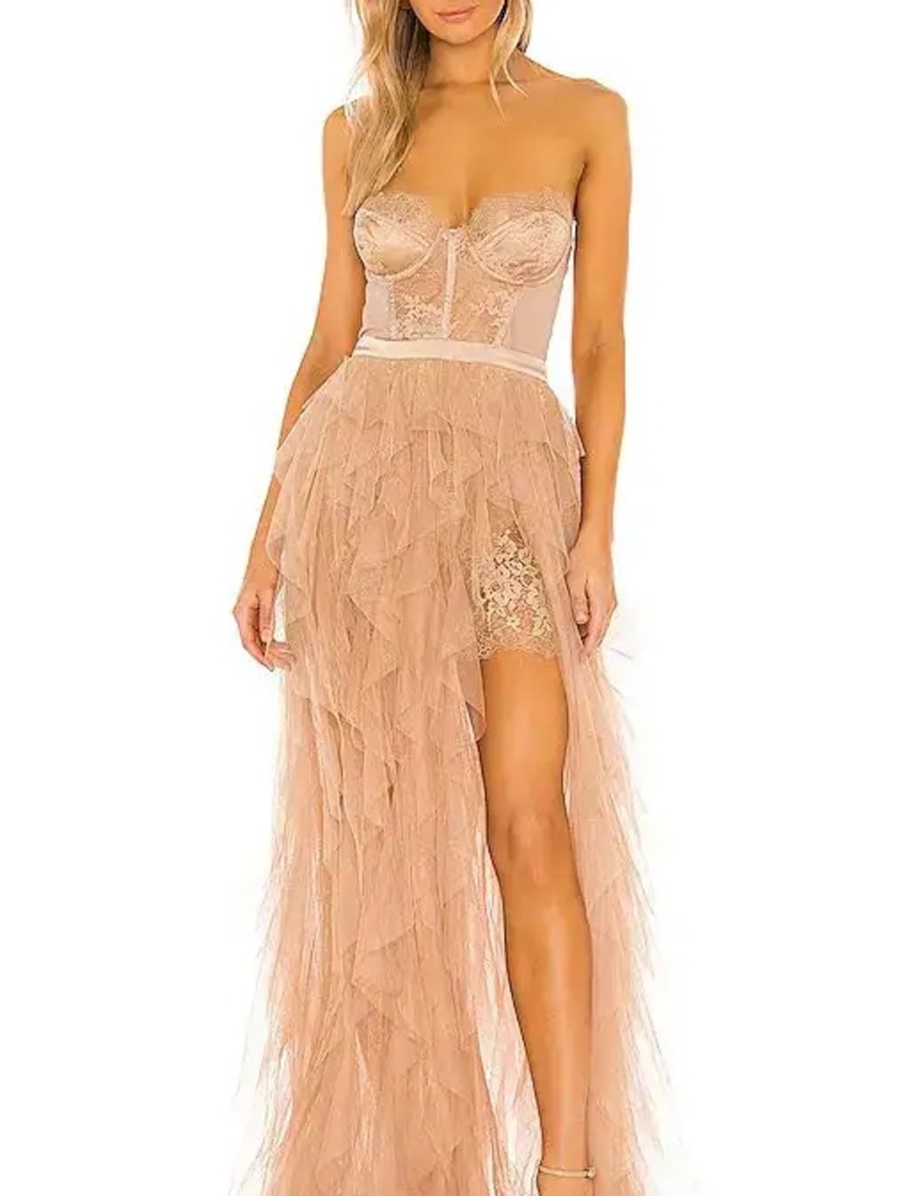 For Love & Lemons Strapless Lace Bustier Tulle Maxi Dress in Blush